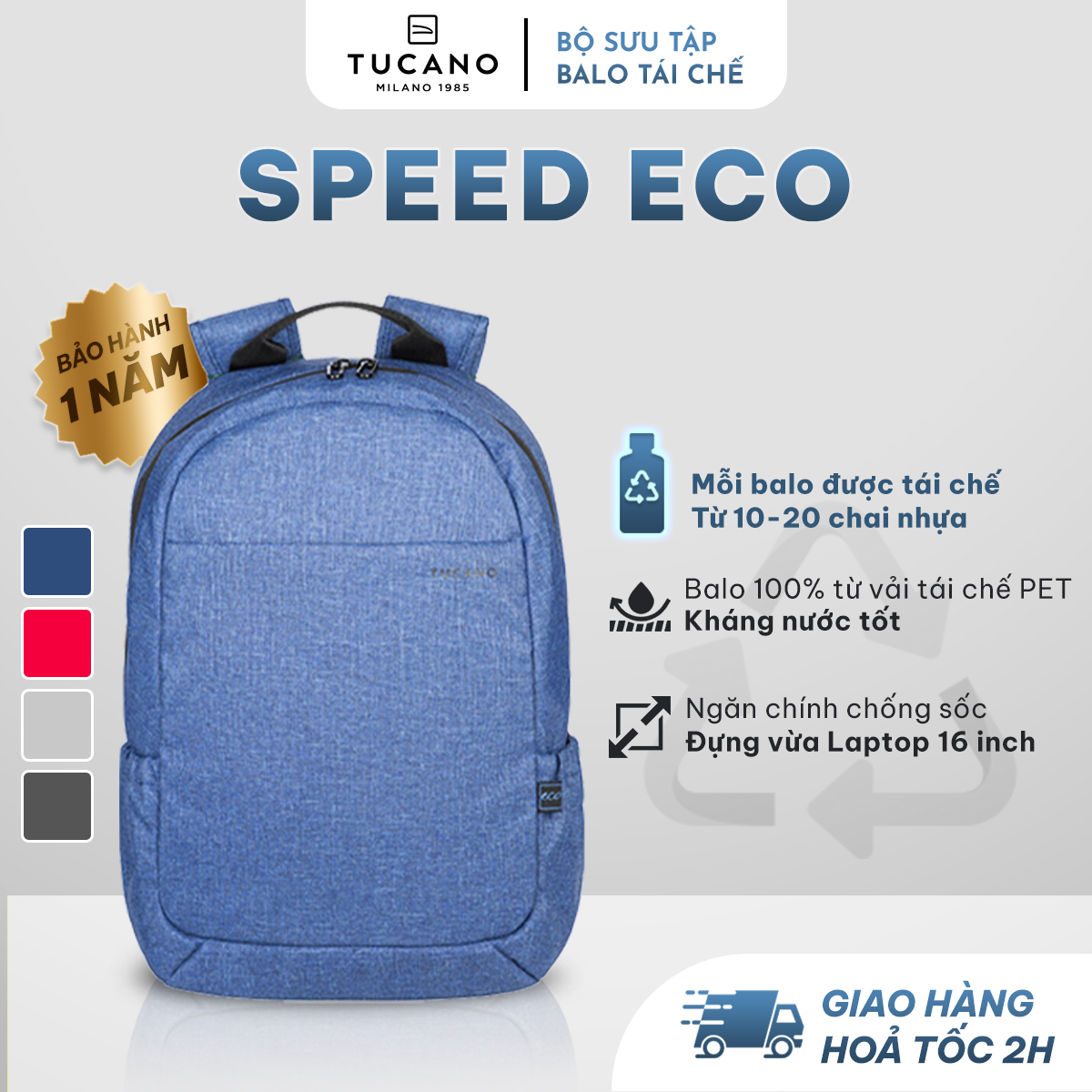 Balo Laptop/Máy tính/ Macbook Recycled Tucano Speed Eco chống sốc 15.6 inch