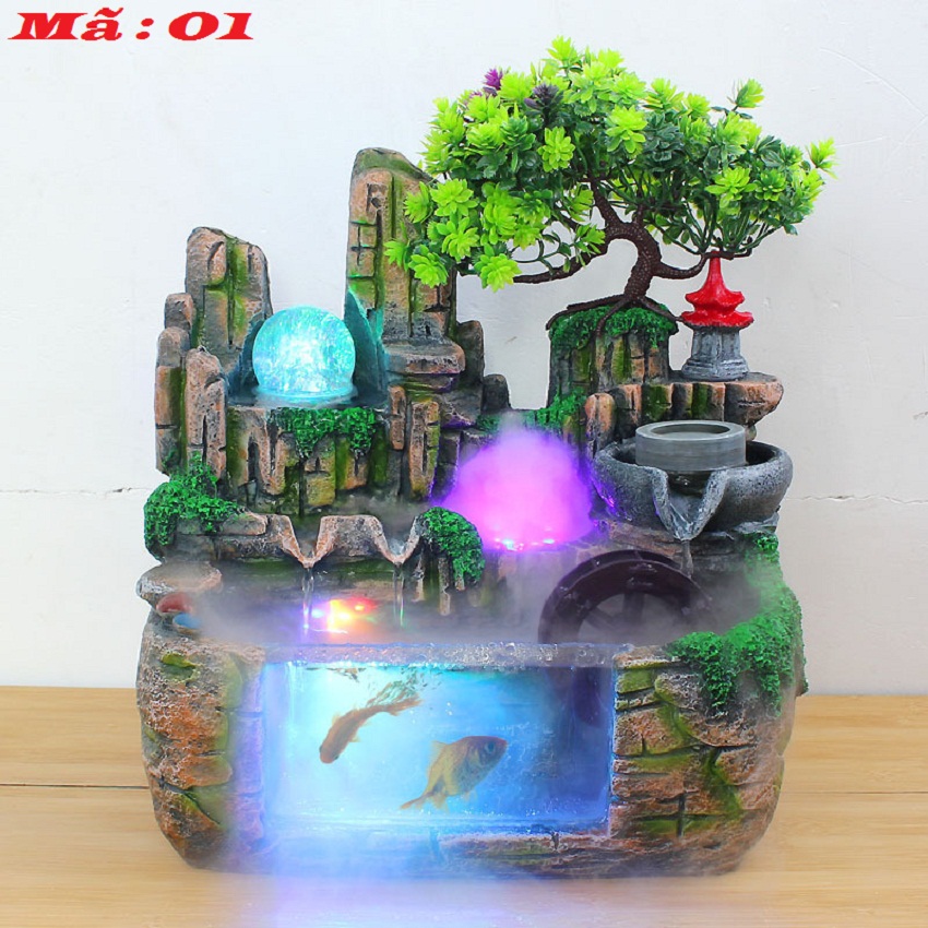 Thác nước phong thuỷ tiểu cảnh non bộ bể cá phong thủy tặng miễn phí máy phun sương tạo khói đổi màu TN01
