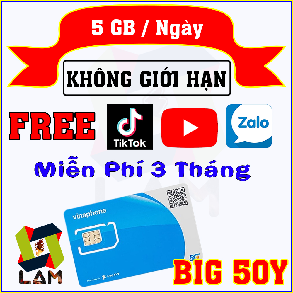 Freeship - chưa kích hoạt. sim 4g giá rẻ vinaphone big50y 5gb/ngày - tỷ gb xem youtube/tik tok/zalo - miễn phí 3 tháng không nạp tiền