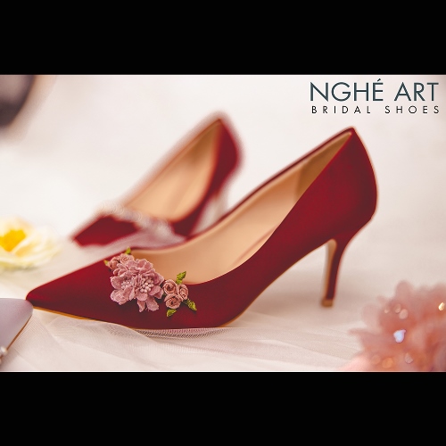 Giày cưới Nghé Art lụa đỏ hoa hồng 309