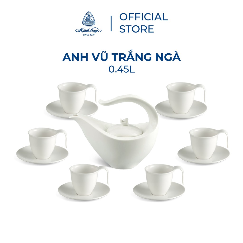 Bộ ấm, chén trà sứ minh long 0.45 l - anh vũ - trắng ngà