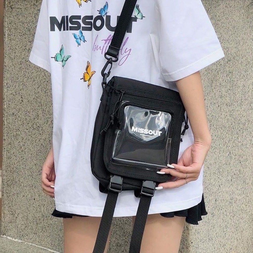 Túi xách đeo chéo nữ SAM CLO in chữ missout kiểu dáng mini bag Hàn Quốc thời trang canvas khóa kéo hai ngăn mặt gương trong suốt