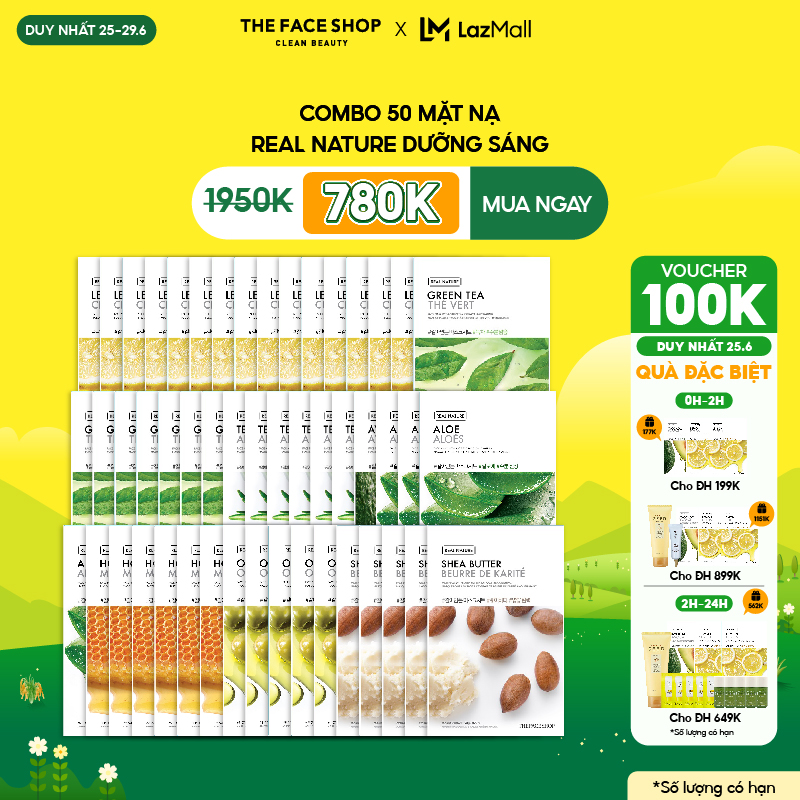 [DUY NHẤT 26.5]Combo 50 Mặt Nạ Dưỡng Ẩm THE FACE SHOP Real Nature 20g (mix nhiều loại)