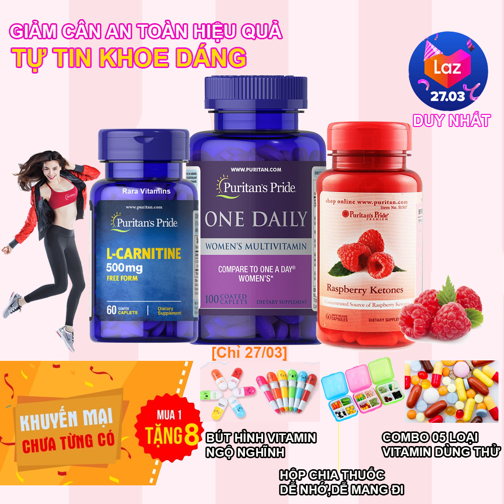 [Tặng thêm 8 sản phẩm]Combo bộ 3 sản phẩm hỗ trợ giảm cân L-Carnitine, Raspberry Ketones, vitamin tổng hợp cho phụ nữ Puritan Pride
