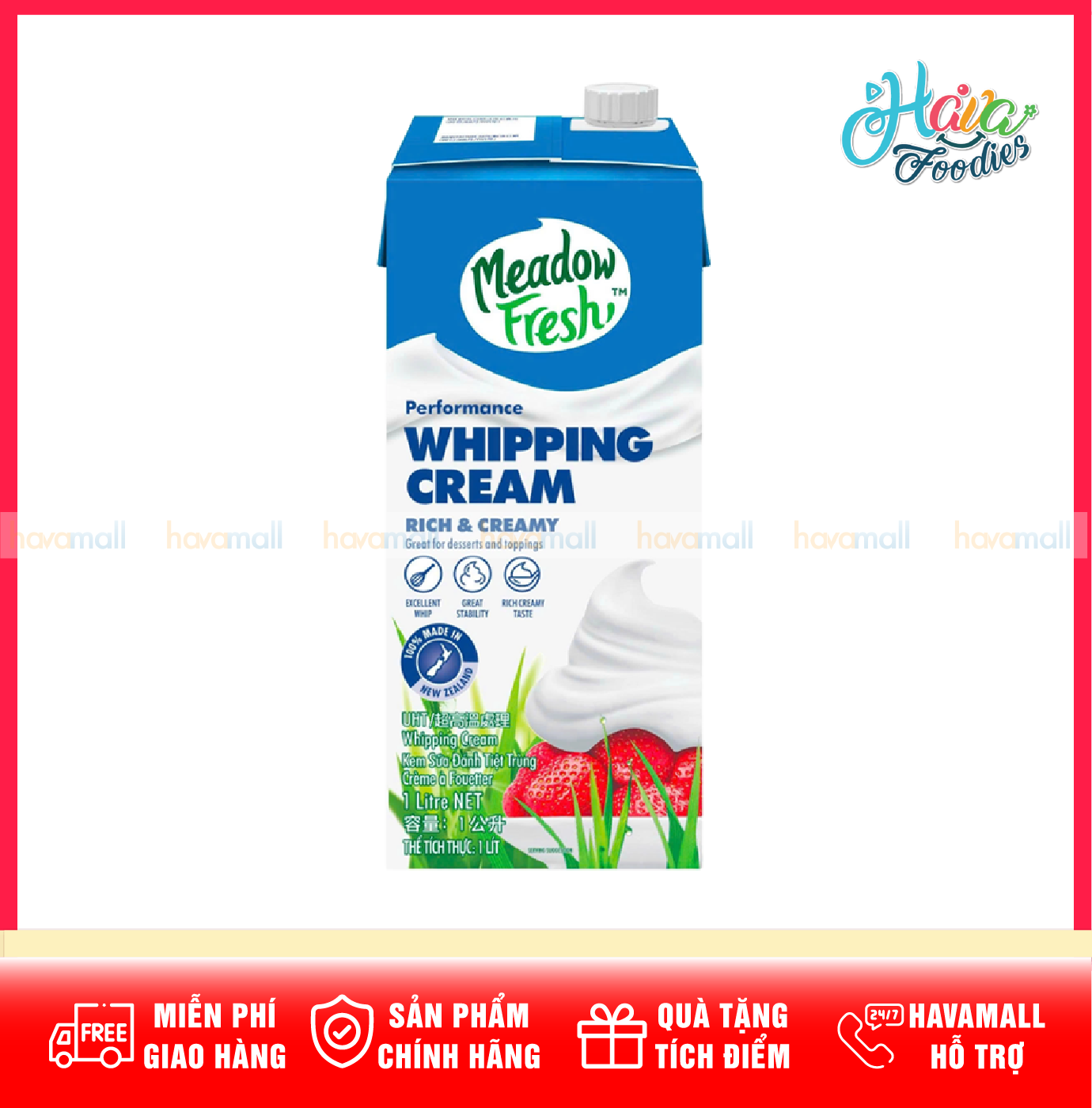 Kem Sữa Whipping Tiệt Trùng Meadow Fresh Whipping Cream Hộp 1 Lít – Meadow Fresh Whipping Cream 1L