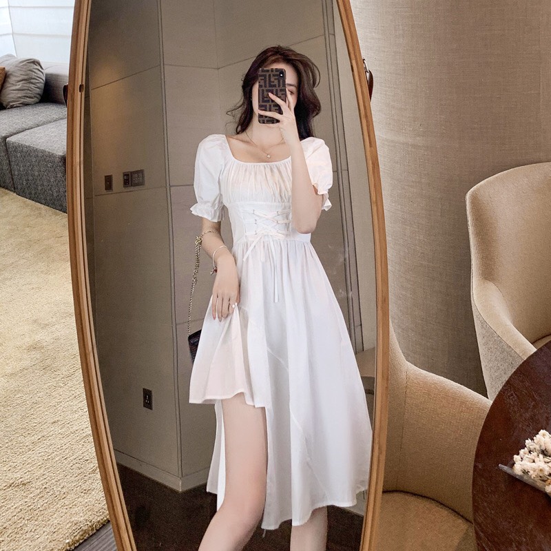 Váy cổ vuông tay bồng bigsize lệch tầng dáng dài ulzzang/ Váy trễ vai nữ dáng suông đan eo dễ thương - mocshop
