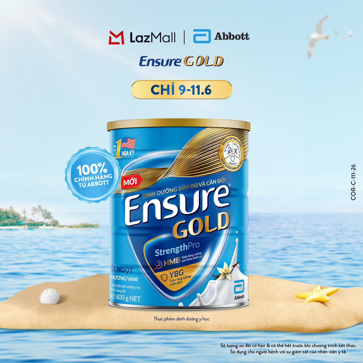 [CHỈ 11.06 GIÁ TỐT MUA NGAY SLCH] Lon sữa bột Ensure Gold hương vani ít ngọt 800g