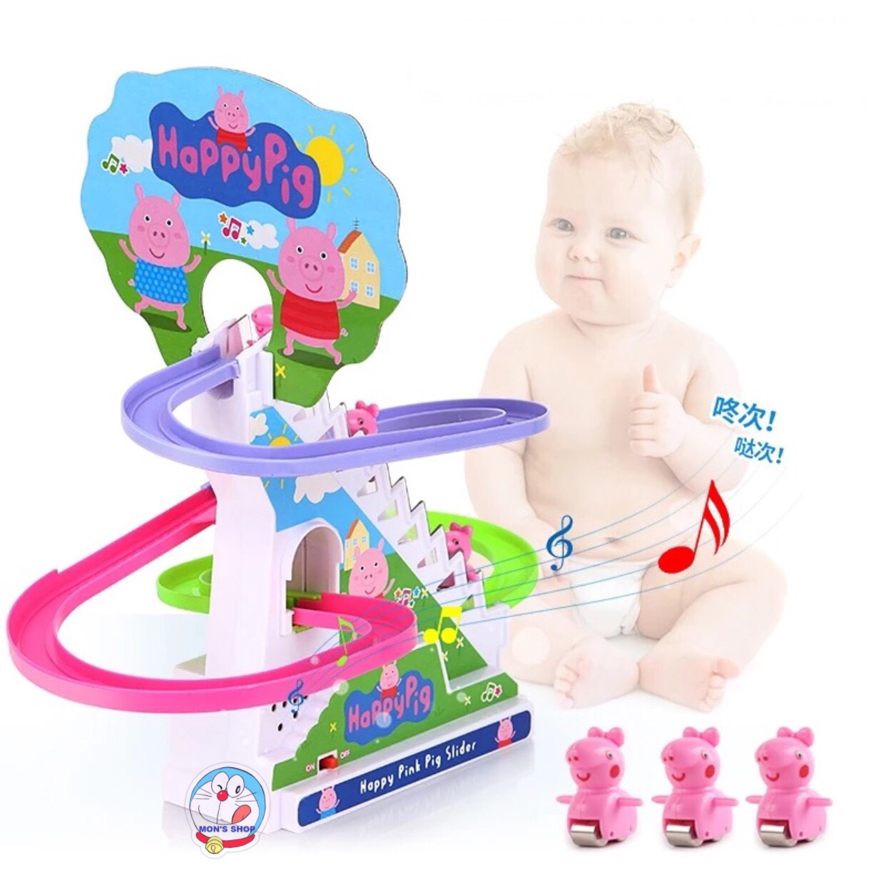 Đồ chơi Peppa pig leo bậc thang, cầu trượt dùng pin, có sạc điện cổng sạc USB, có âm thanh và ánh sáng