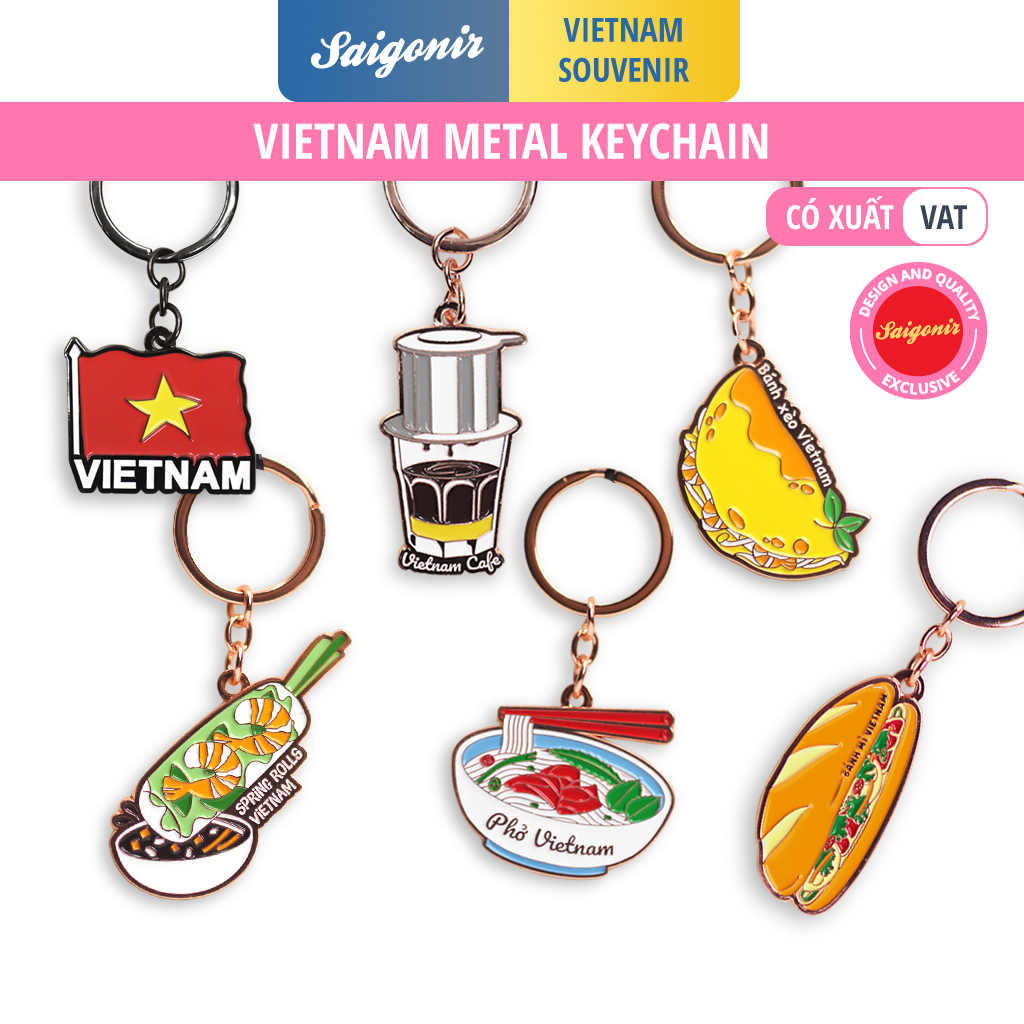 Metal Keychain Vietnam Souvenir with Image of Coffee Pho Banhmi Banh xeo