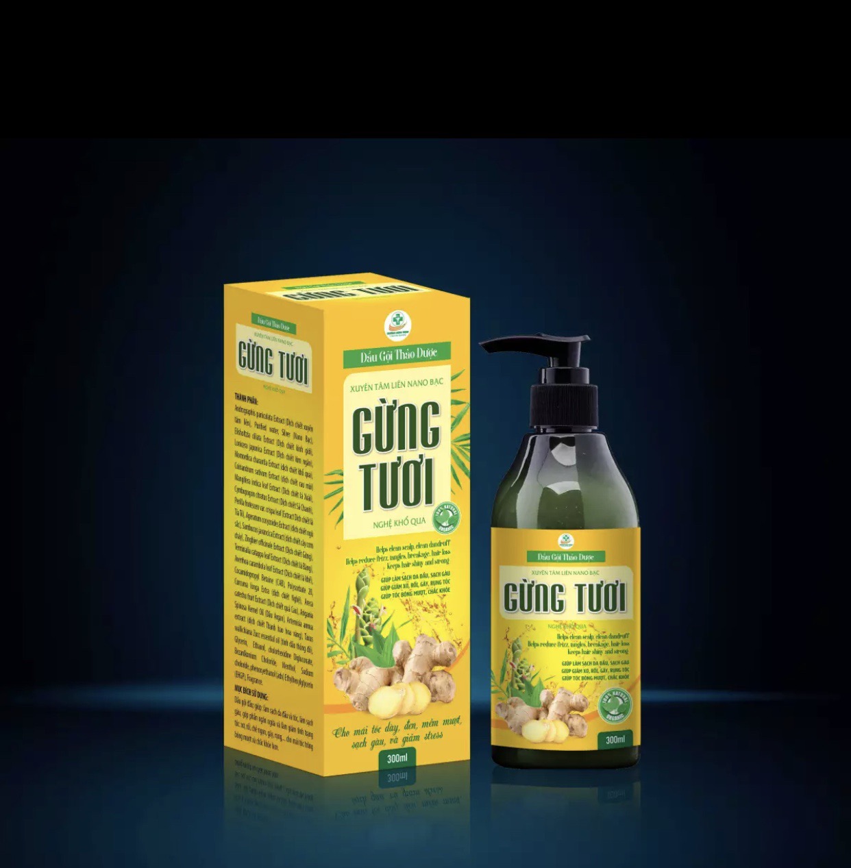 Dầu gội đầu thảo dược Gừng Tươi Xuyên Tâm Liên Nano Bạc.Kích mọc tóc, phục hồi nang tóc. Giảm rụng tóc, gãy tóc, giữ ẩm tóc, hết xơ tóc. Ngăn ngừa tóc bạc sớm, tái tạo các nang tóc đen