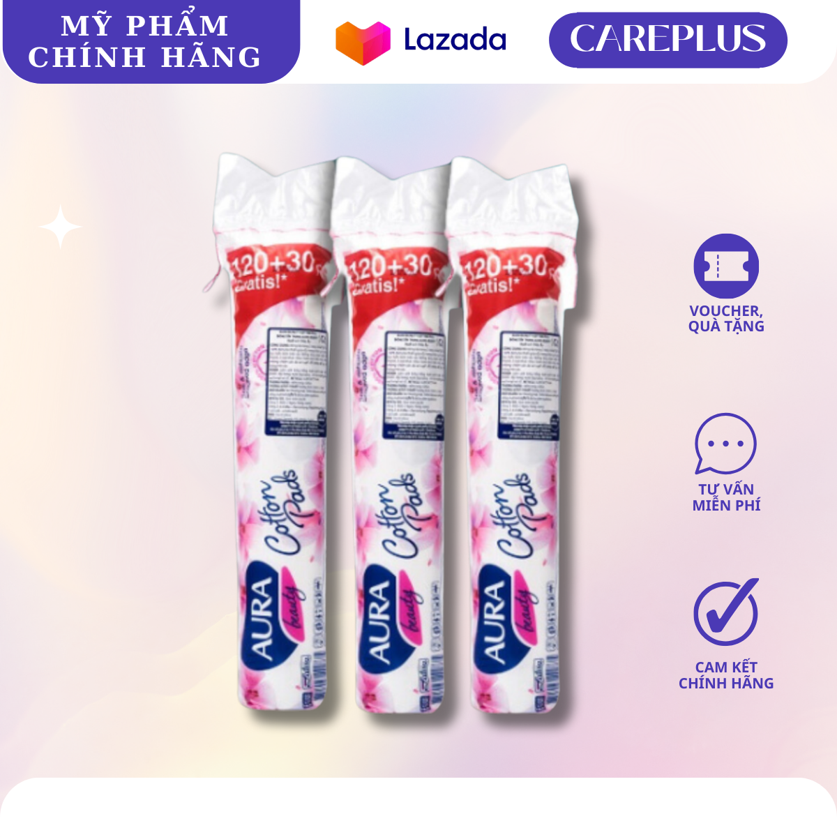 Combo 3 gói bông tẩy trang Aura Cotton pad 150 miếng/gói