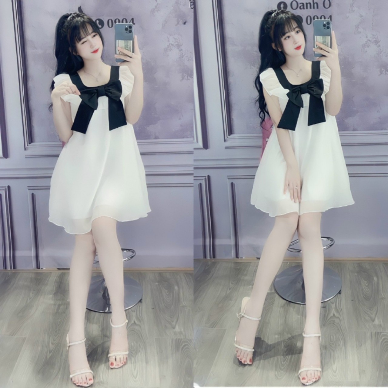Đầm babydoll 2 lớp cổ viền nơ đen quá dễ thương