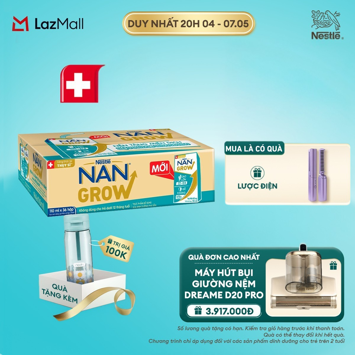 [CHỈ 20H 04-07.05 QT mọi đơn hàng] [Tặng Bình nước Inochi] Thùng 36 hộp Sữa pha sẵn Nestlé NANGROW 110ml/hộp sữa mát công thức từ Thụy Sĩ 100% Canxi giúp bé cao lớn vượt trội 9(4 x 110ml)