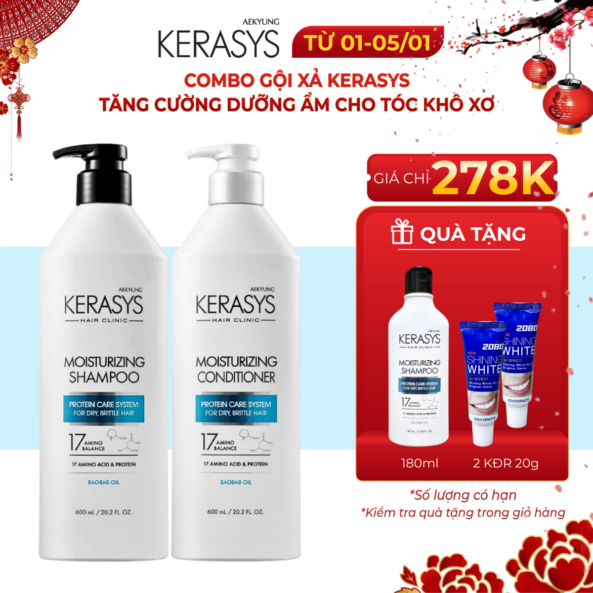Cặp dầu gội xả Kerasys Moisturizing Hàn Quốc tăng cường dưỡng ẩm cho tóc khô xơ dễ gãy 600ml