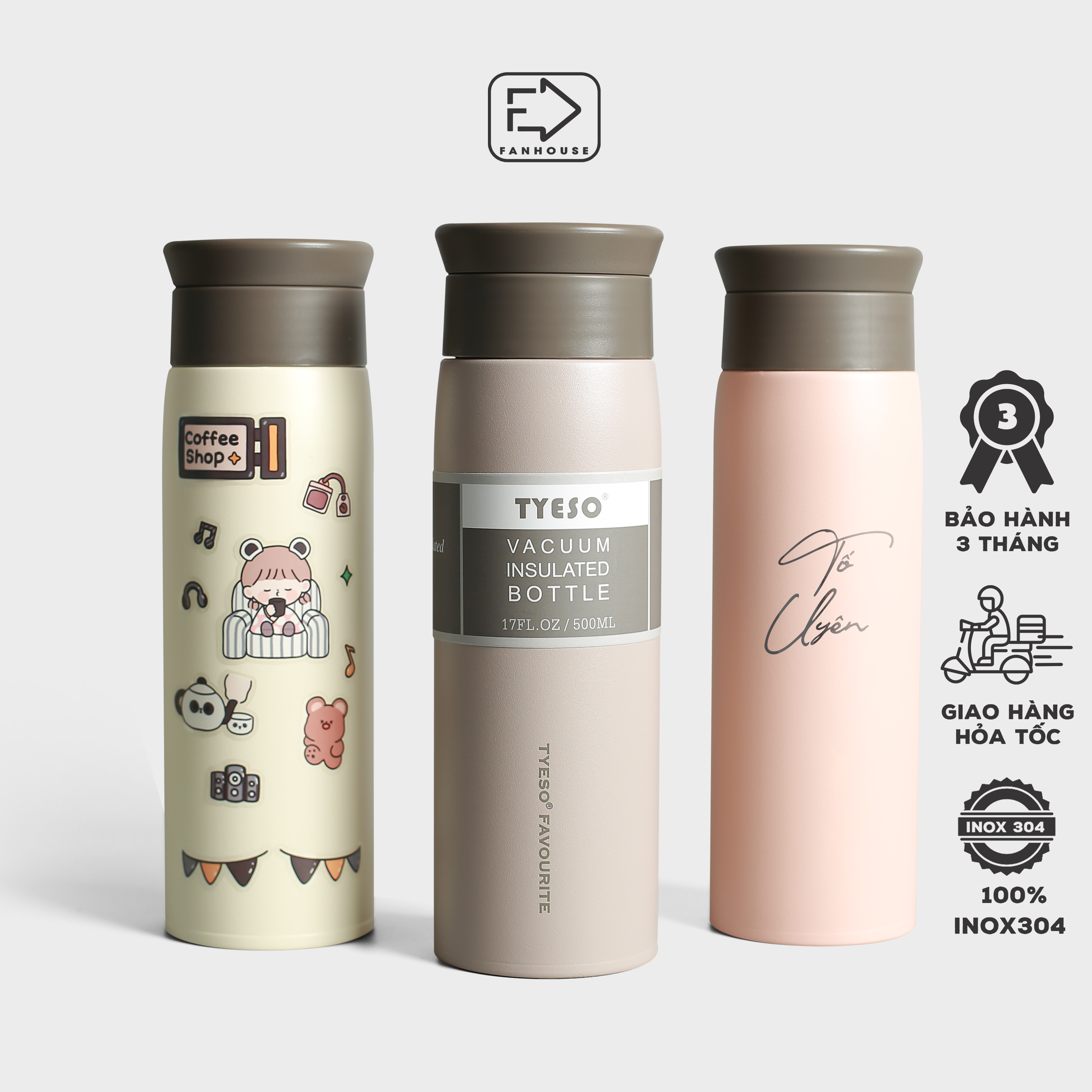 Bình giữ nhiệt Tyeso Favour 500ml bình nước khắc tên giữ nhiệt 12h inox 304 Fan House tặng que rửa bình, Sticker