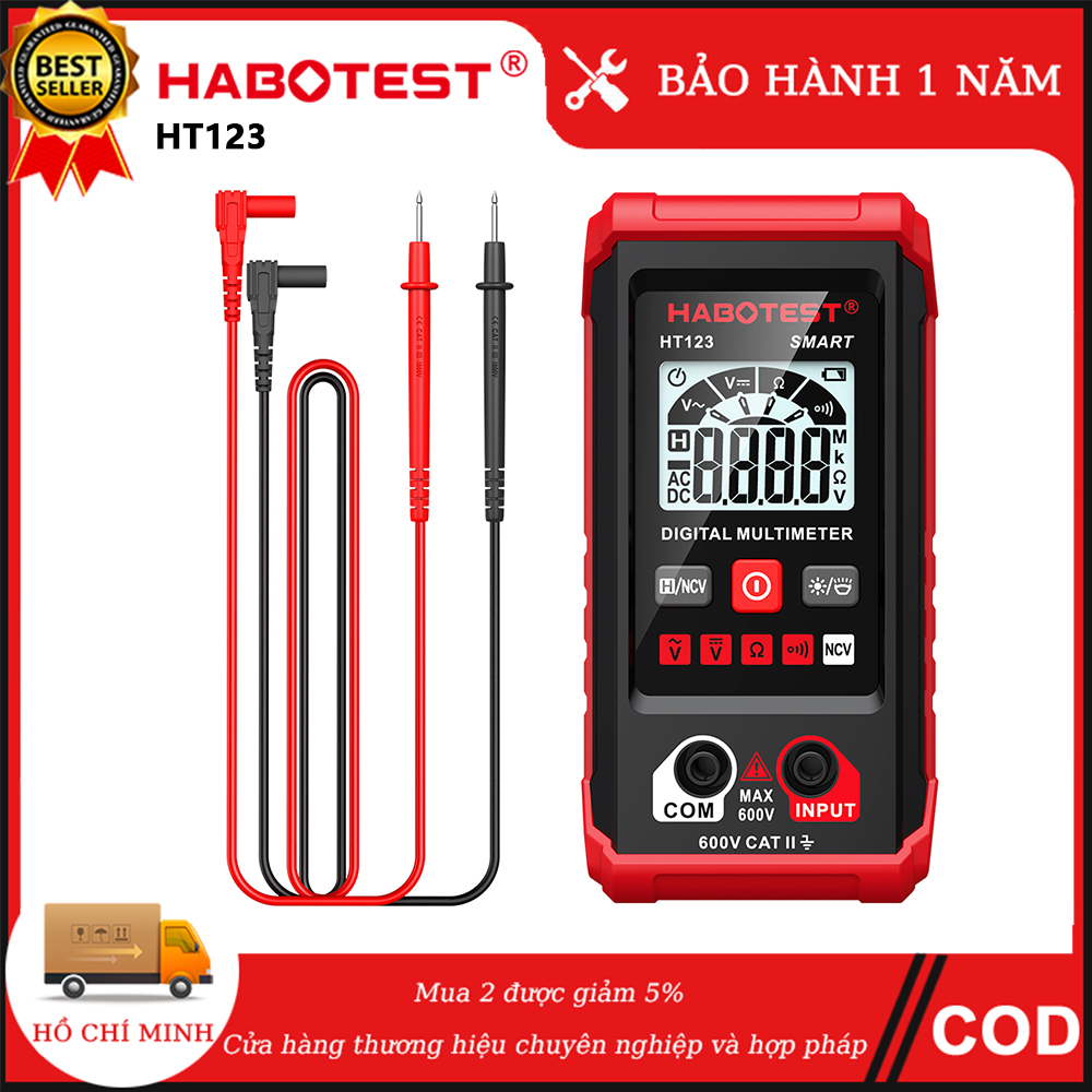 【Ship from Binh Duong HABOTEST HT123 Digital Multimeter Auto Range Multi-meter 2,000 Counts True RMS Measuring AC/DC Voltage Resistance NCV Test with LCD Backlight Flashlight Data Hold