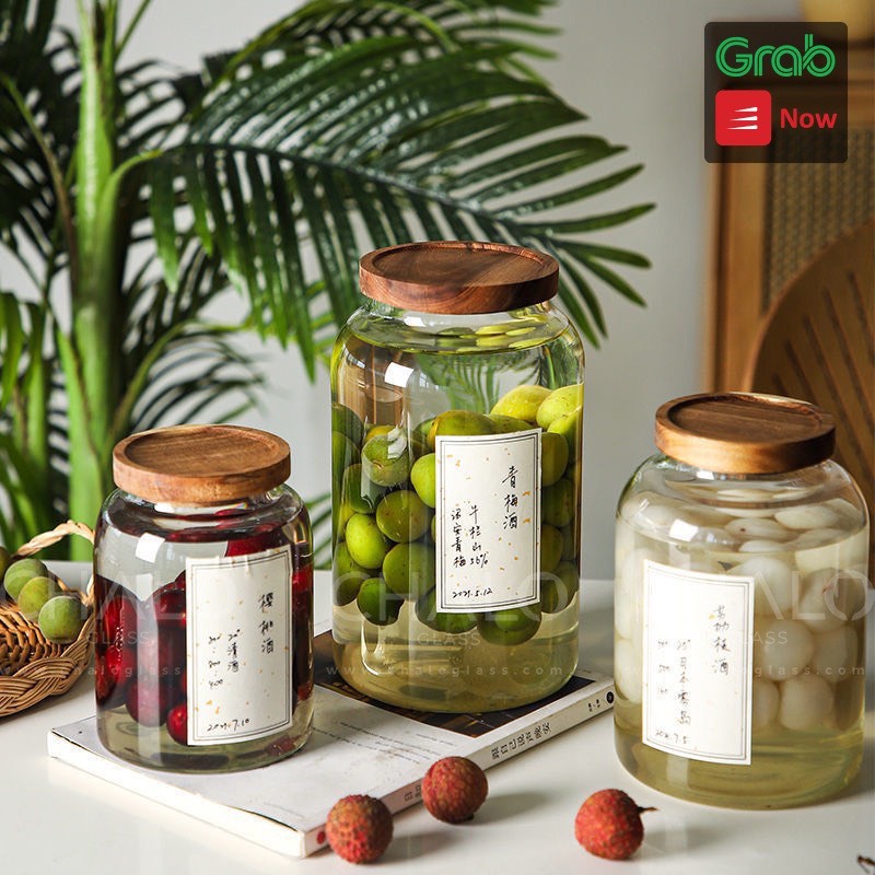 Hũ thuỷ tinh nắp gỗ dáng bầu 1250ml - 1950ml - 2750ml, hũ đựng gia vị, hũ đựng đồ khô, hũ thuỷ tinh muối dưa