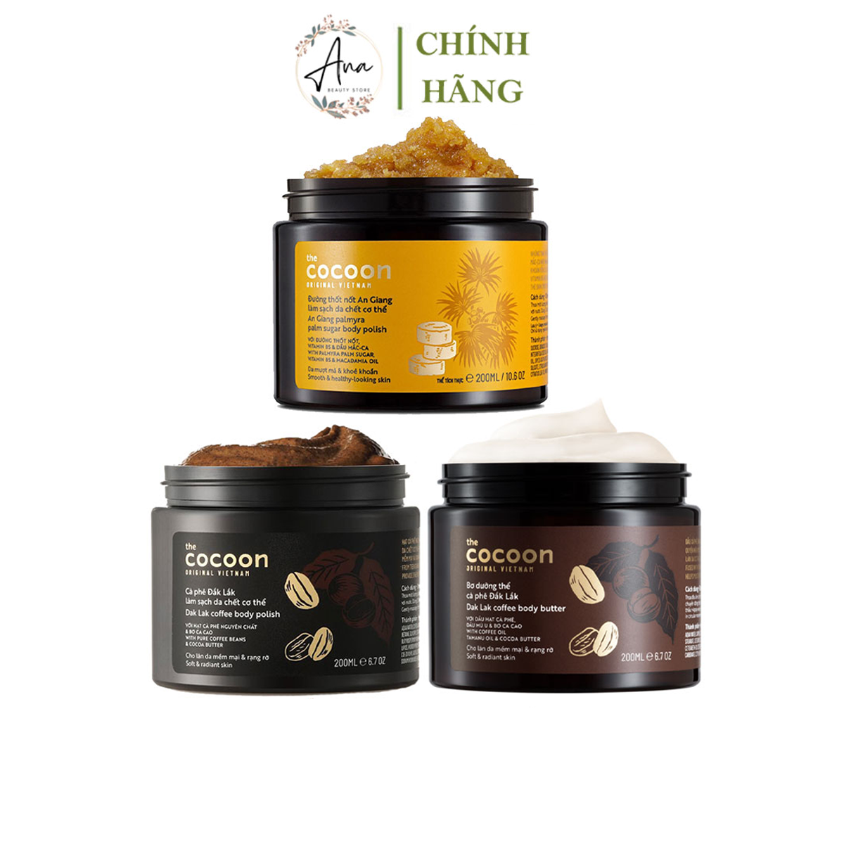 Tẩy da chết cà phê body - Bơ dưỡng thể- Đường thốt nốt cocoon giúp làm sạch da chết toàn thân sáng da mềm mịn