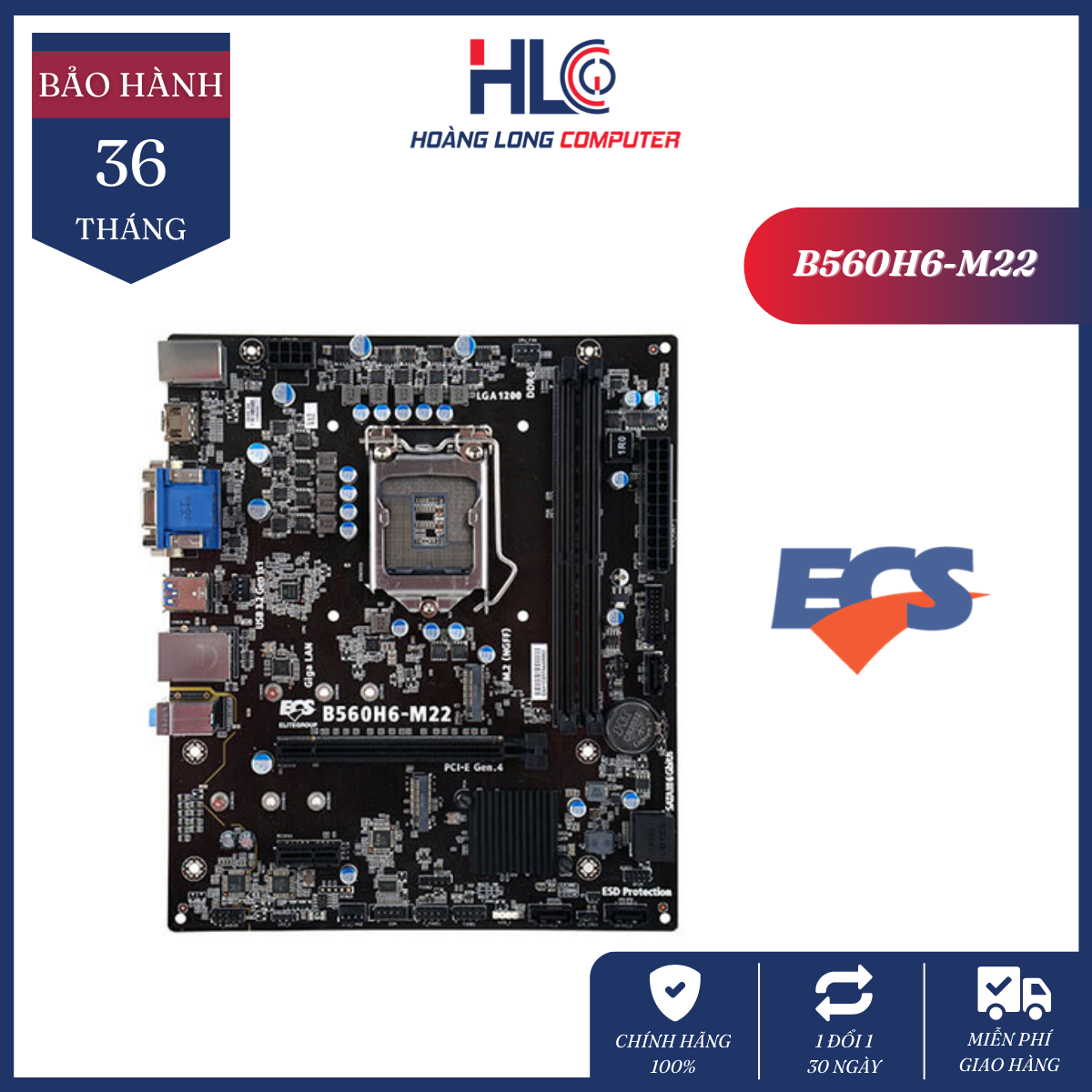 Mainboard ecs b560h6-m22 - intel b560, socket 1200, m-atx, 2 khe ram ddr4 - bo mạch chủ pc chính hãng ecs mới 100% - bảo hành 36 tháng 1 đổi 1 - hlc gaming