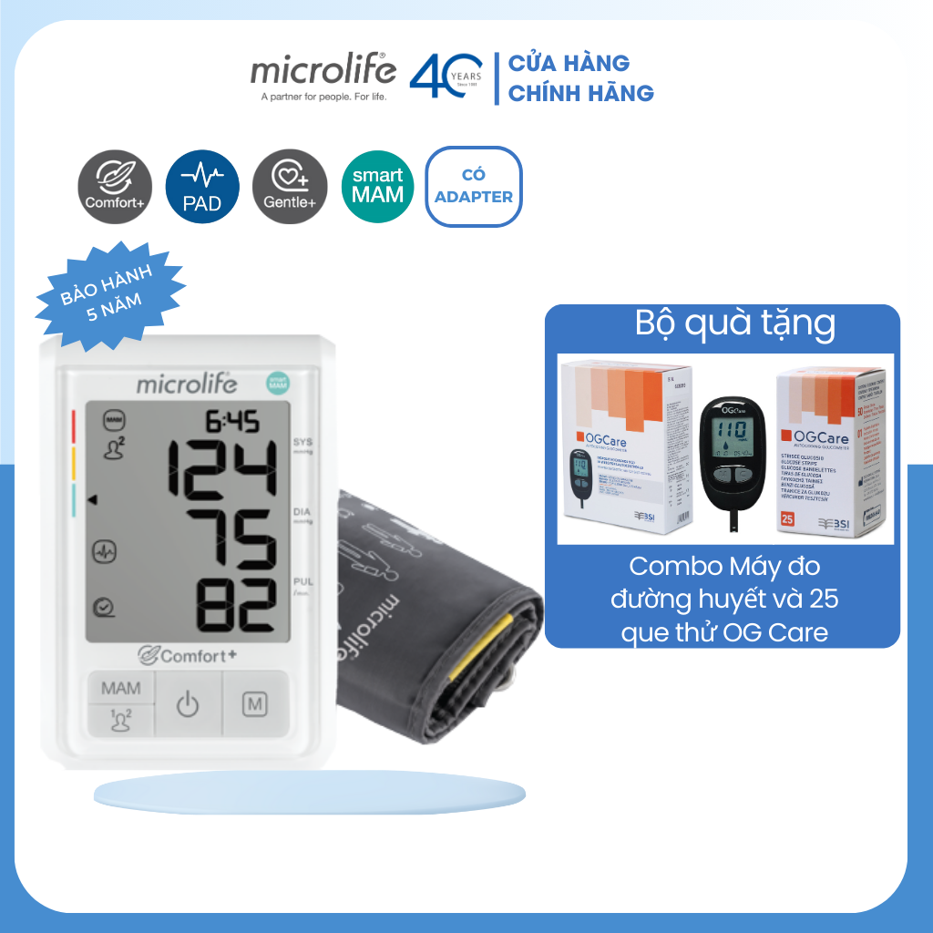 Máy đo huyết áp điện tử microlife b3 comfort, đo huyết áp, nhịp tim, công nghệ imt, bảo hành 5 năm
