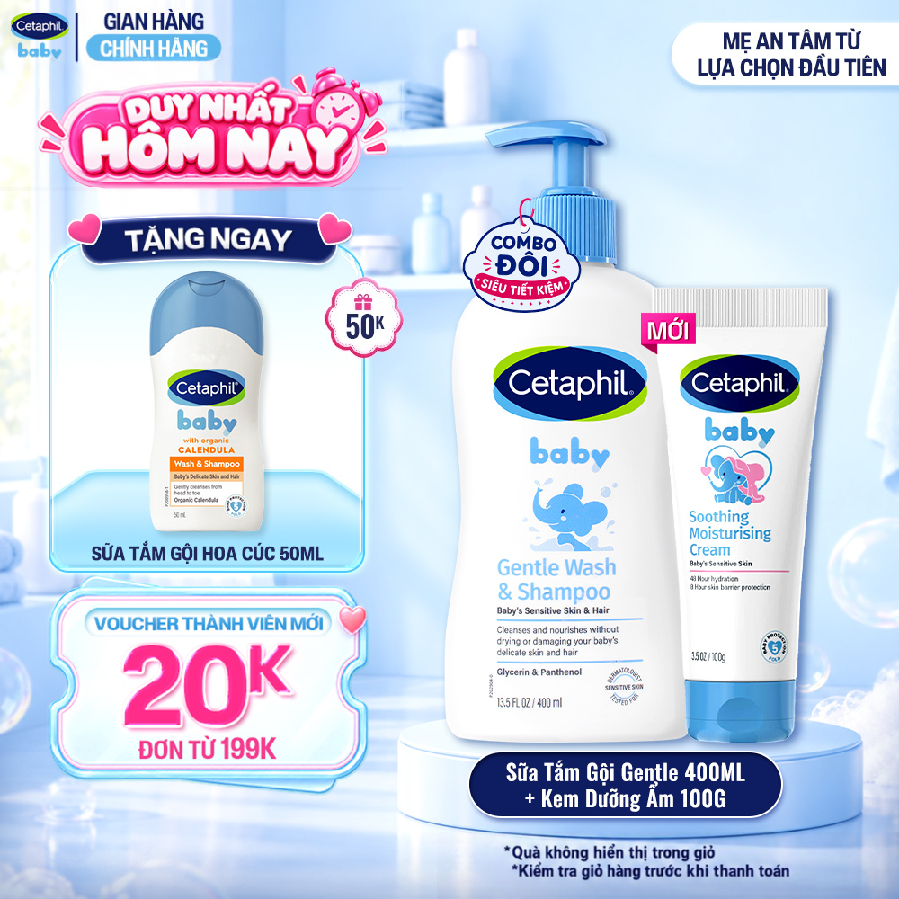 Combo Sữa tắm gội dịu lành cho bé CETAPHIL BABY GENTLE WASH  SHAMPOO 400ML  Kem làm dịu và dưỡng ẩm cho bé Cetaphil Baby Soothing  Moisturising Cream tuýp 100g