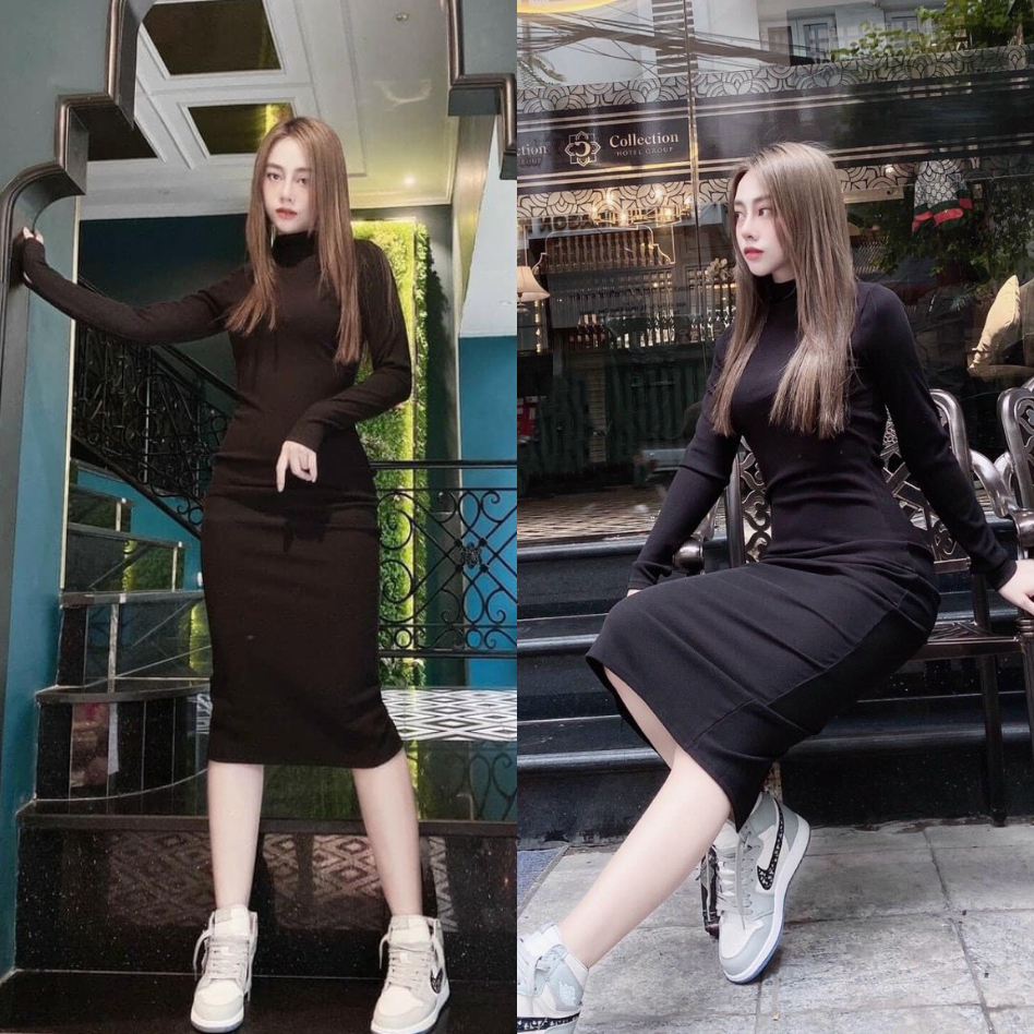 Đầm nữ len tăm - váy body tay dài cổ lọ xỏ ngón dáng dài - đầm thu đông - thời trang nữ lyna's house - mã lh114