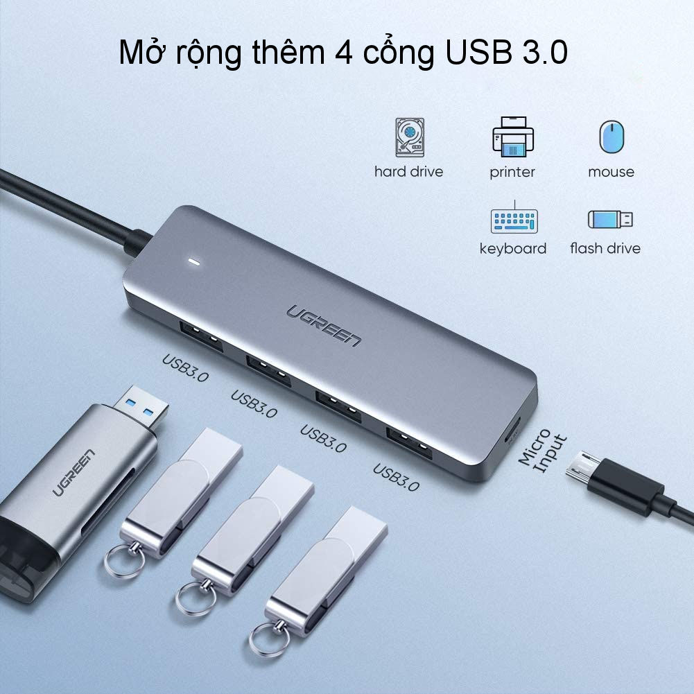 Hub chuyển đổi USB / USB type C sang 4 cổng USB 3.0 UGREEN CM219 CM136 - Hỗ trợ cổng nguồn Micro USB, tốc độ truyền tải tối đa 5Gbps Hub chuyển đổi USB / USB type C sang 4 cổng USB 3.0 UGREEN CM219 CM136 - Hỗ trợ cổng nguồn Micro USB, tốc độ truyền tải tối đa 5Gbps