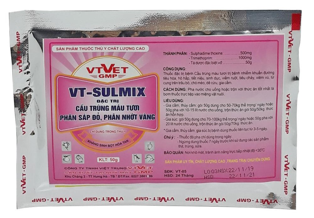 Thuôc thú y trừ các bệnh cầu trùng máu tươi, phân sáp đỏ, phân nhớt vàng trên các loại gia súc, gia cầm VT- SULMIX (50g)