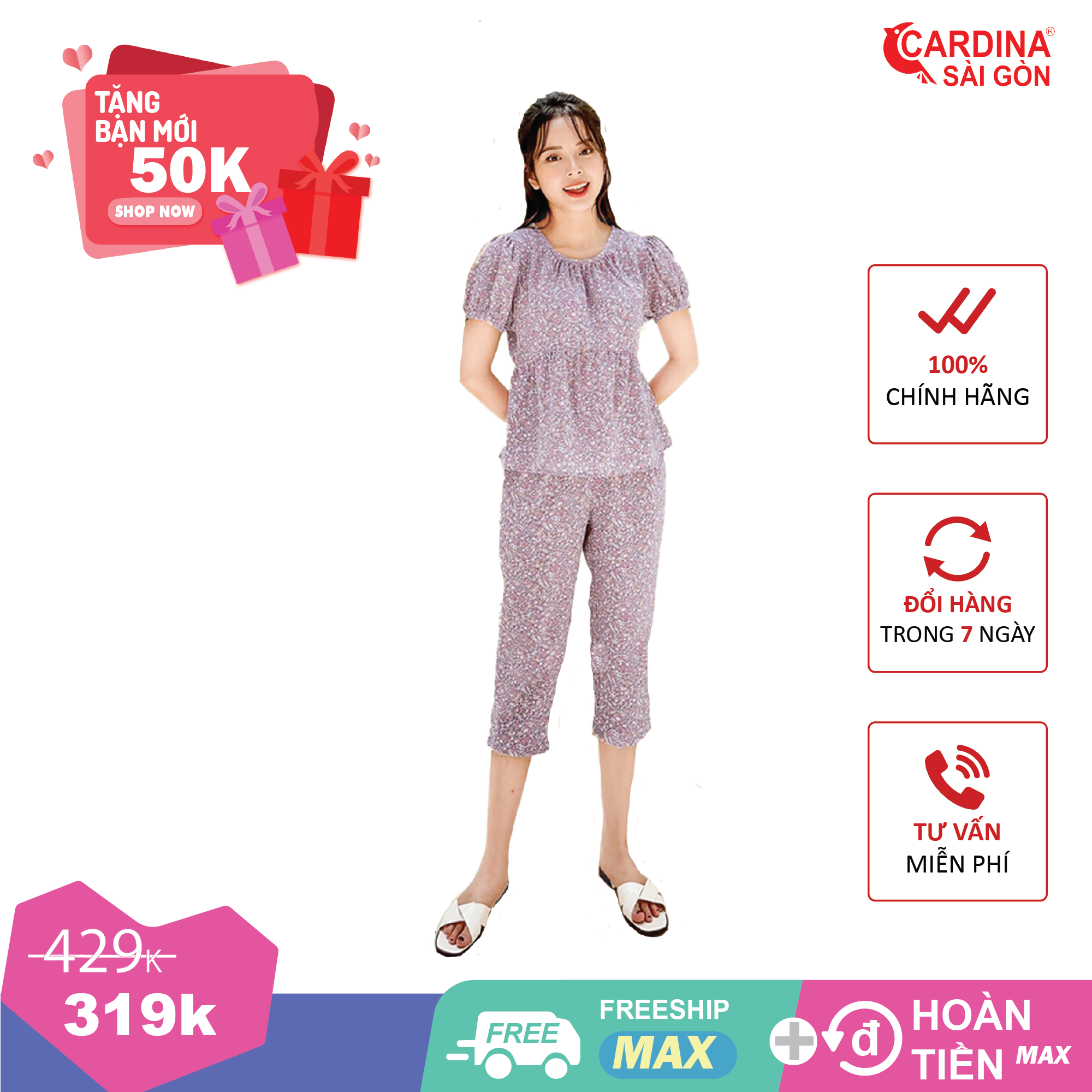 Đồ bộ nữ mặc nhà dễ thương Cardina Sài Gòn kiểu đẹp chất thun cotton Nhật cao cấp áo ngắn quần lửng họa tiết hoa nhí mã 1CF8