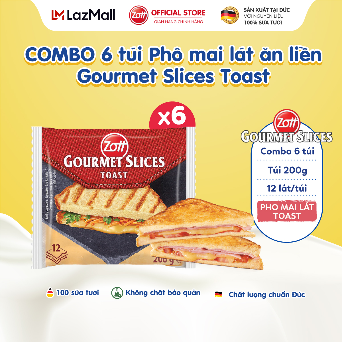 COMBO 6 túi Phô mai lát Zott Gourmet Slices TOAST nhập khẩu từ Đức
