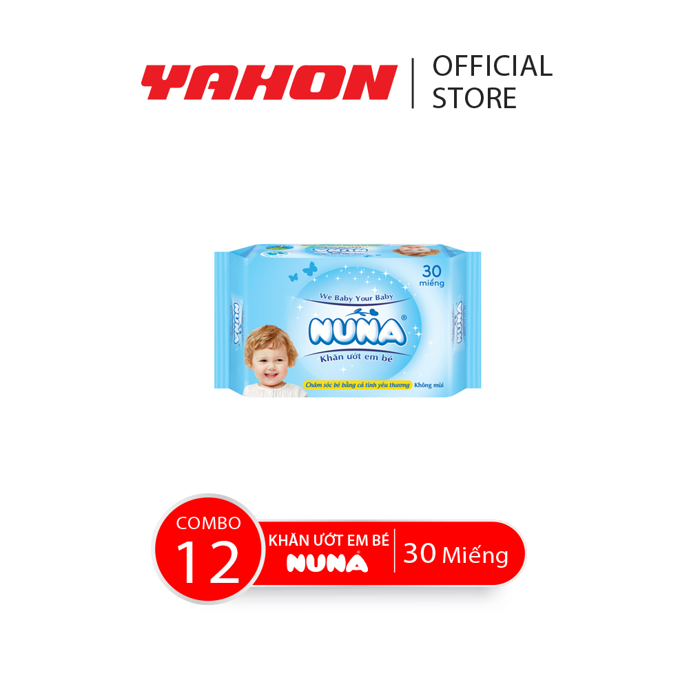 Combo 12 bao khăn ướt em bé nuna không mùi, 30 miếng/bao