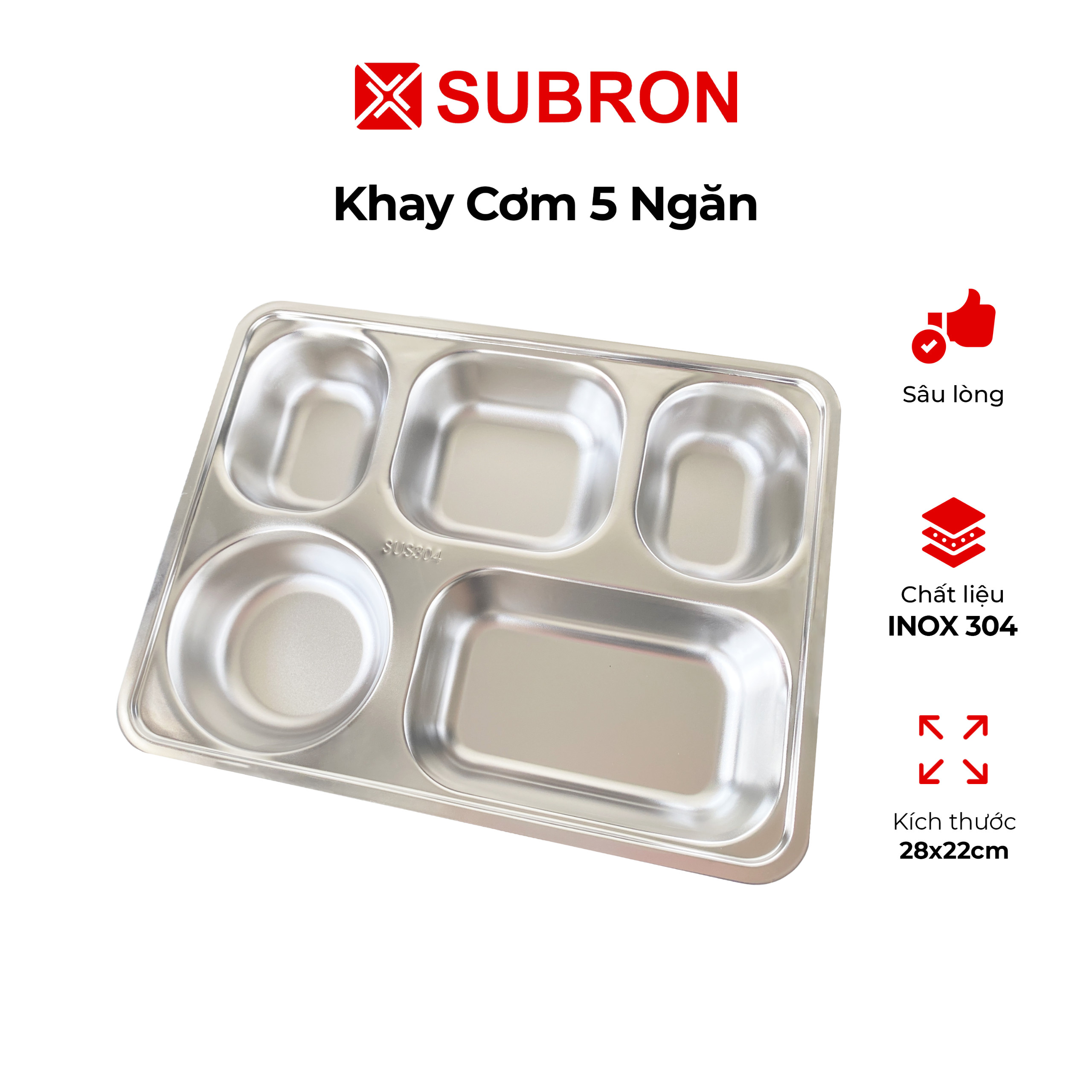 Khay cơm inox 304, khay cơm văn phòng 5 ngăn sâu lòng có nắp nhựa đi kèm