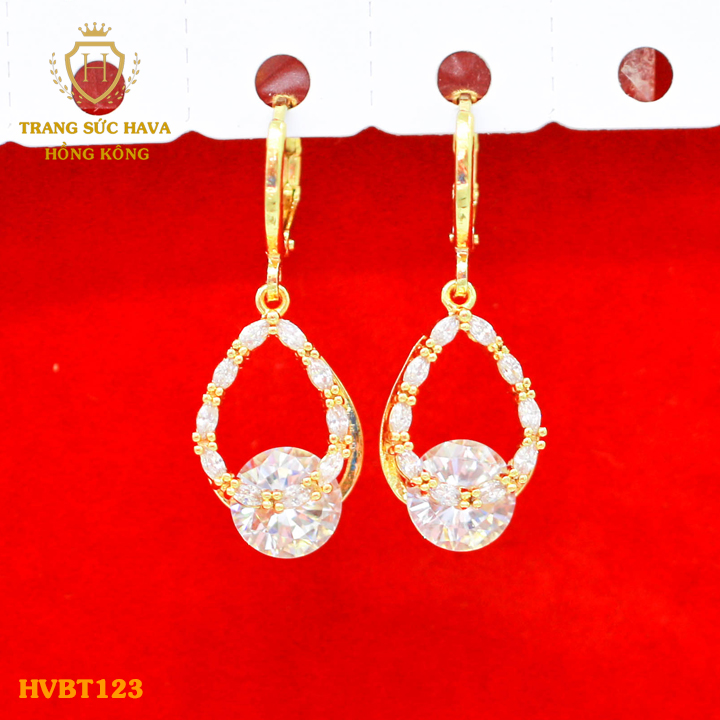 Khuyên Tai, Bông Tai Nữ Dáng Dài Đính Đá, Titan Xi Mạ Vàng Non 18k, 24k Cao Cấp (Không Bị Xỉn Đen) - Trang Sức Hava Hong Kong Phong Cách Thời Trang