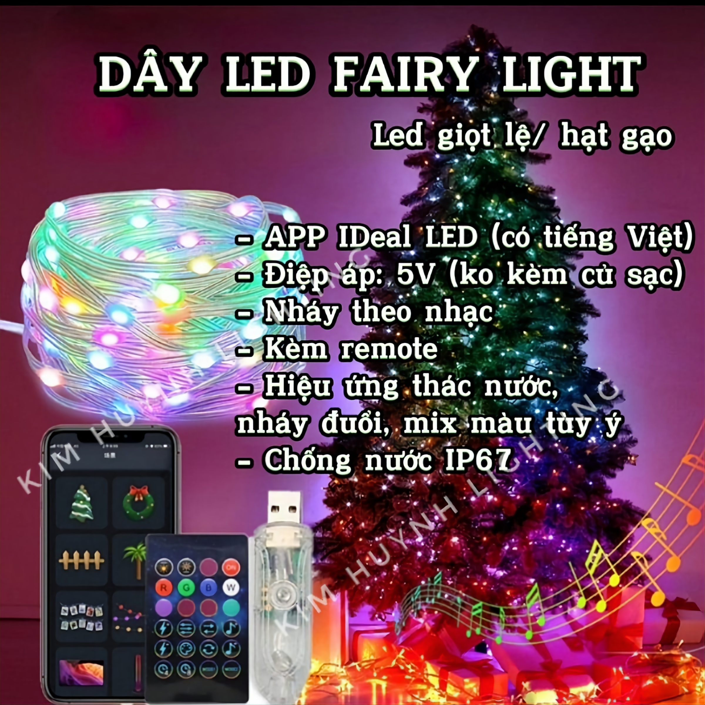 Dây đèn Led hạt gạo giọt lệ Fairy Light chỉnh APP chạy đuổi, cảm nhạc 16 triệu màu trang trí Lễ Tết ngoài trời aRGB