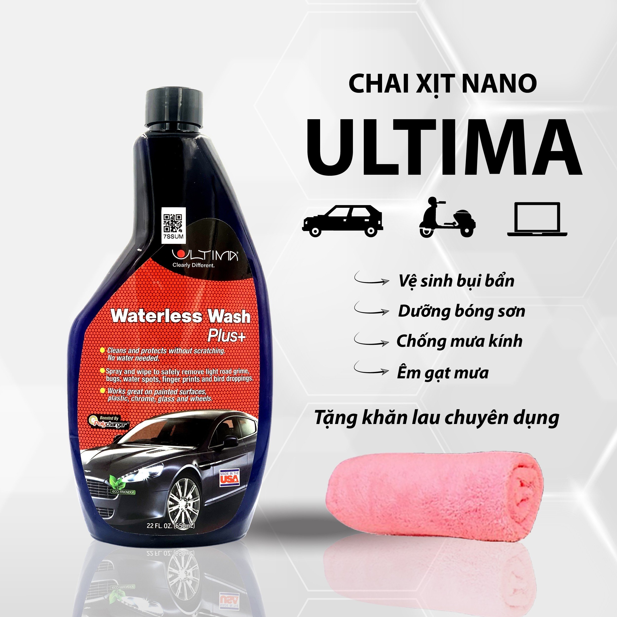 (Chính Hãng) Chai Xịt Nano Dẻo Ultima [650ml/200ml] - Vệ Sinh + Phủ Bóng + Chống Bám Nước Ô Tô,  Tặng Khăn Chuyên Dụng