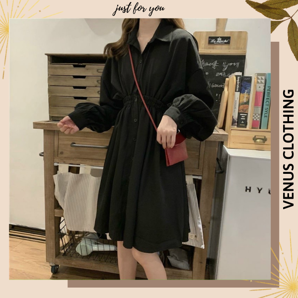 Đầm sơ mi babydoll cổ bẻ tay dài thun eo dáng xòe