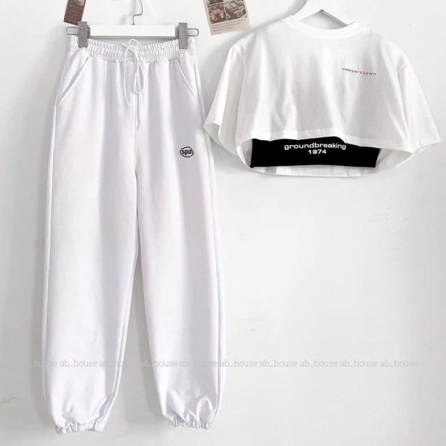 [HCM]Set 2 áo croptop kèm quần Spun bo gấu (Xám, Đen, Trắng)