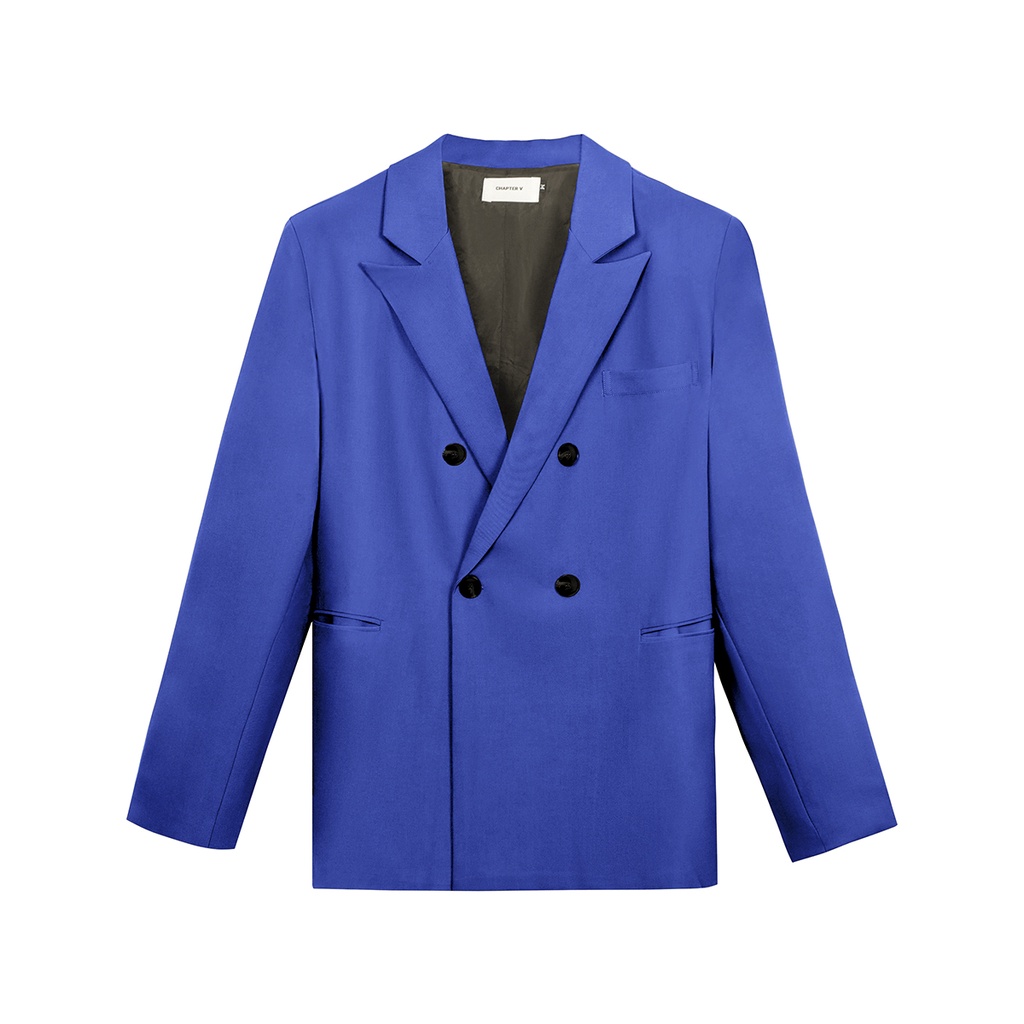Áo Blazer, Vest xanh dương 2 hàng nút, vạt đắp chéo, form rộng