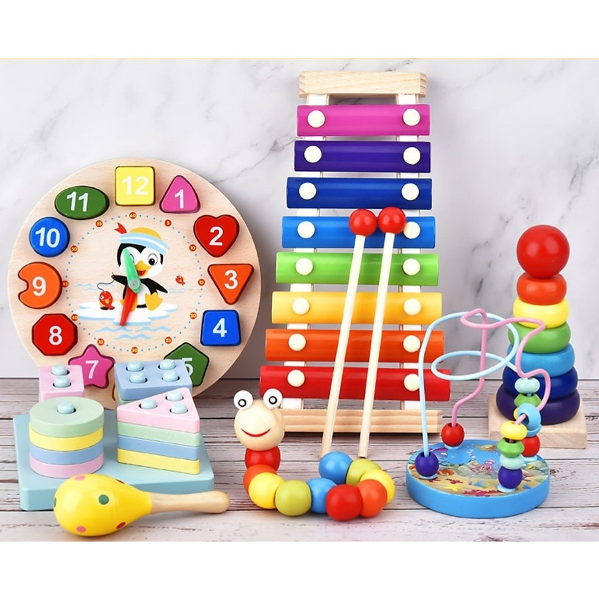 Combo 7 món đồ chơi cho bé phát triển trí tuệ Đàn gỗ, tháp gỗ, luồn hạt,