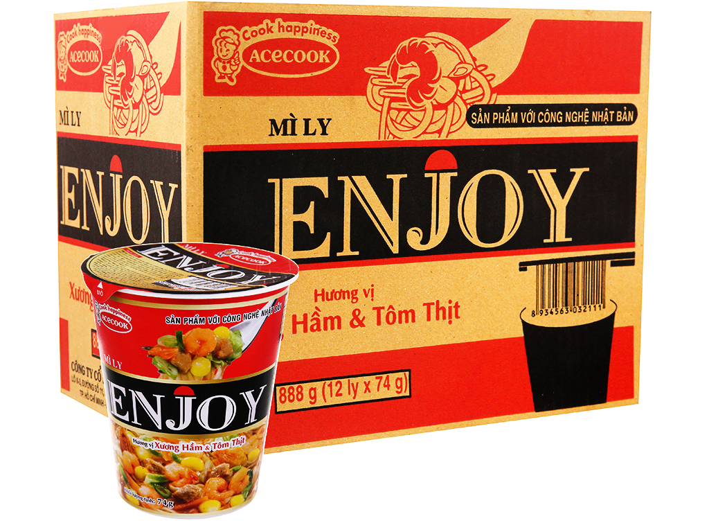 Thùng 12 ly mì Enjoy vị xương hầm, tôm thịt 77g