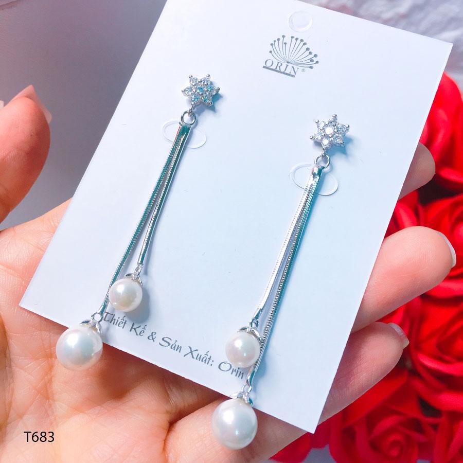 Bông tai bạc nữ, khuyên tai bạc dáng dài đính đá cao cấp Orin T683 - Long Tien