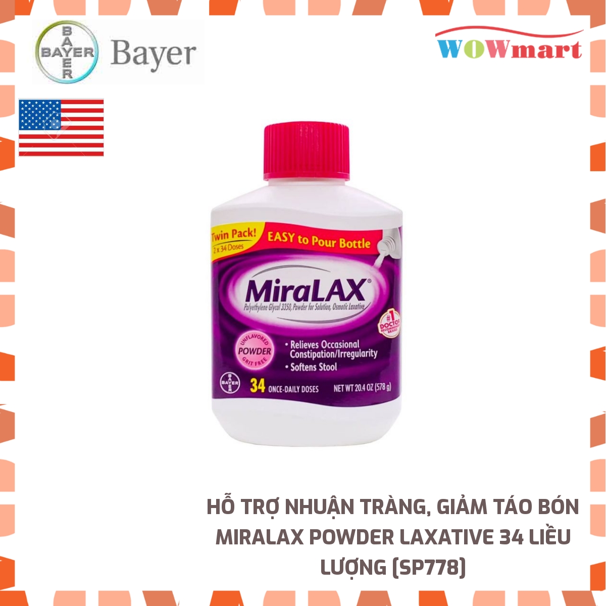 Hỗ trợ nhuận tràng, giảm táo bón MiraLAX Powder Laxative 34 liều lượng (578g) - [MỸ]