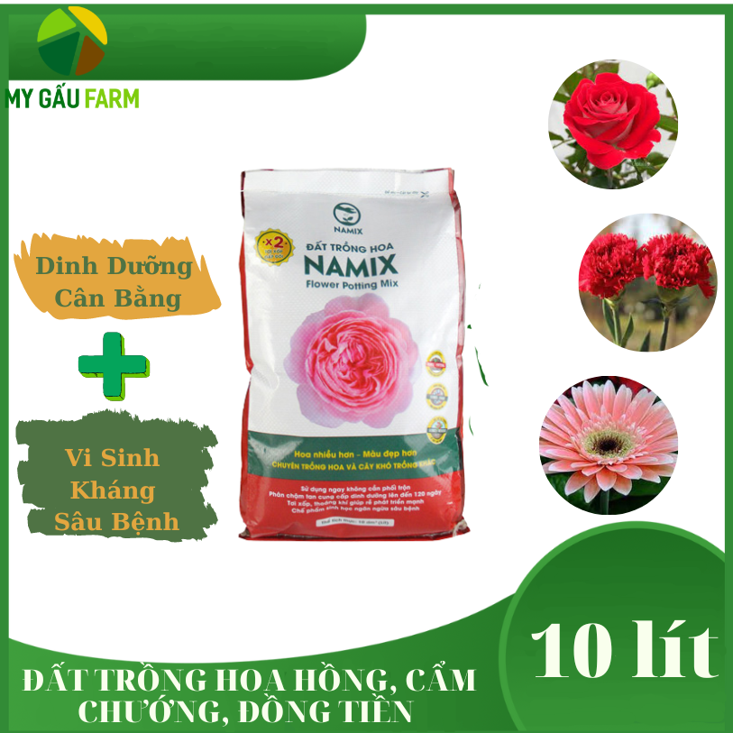 Đất trồng hoa namix, giá thể trộn trồng hoa cao cấp, Hoa hồng, hoa ly, hoa đồng tiền, hoa cẩm chướng bao 10 dm3 - 20dm3