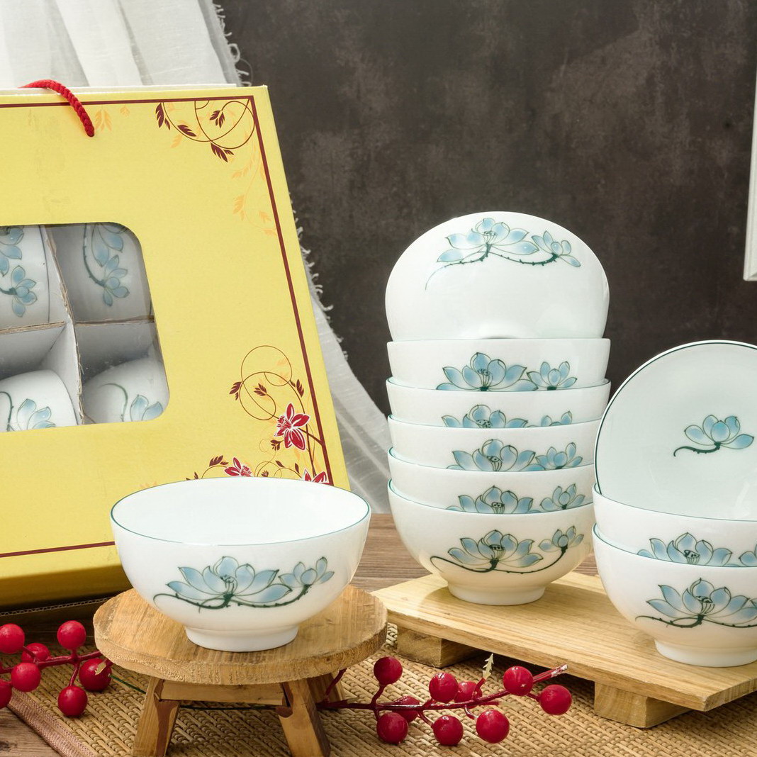 Bộ 10 bát cơm, men sứ xanh ngọc, vẽ tay thủ công họa tiets hoa sen.