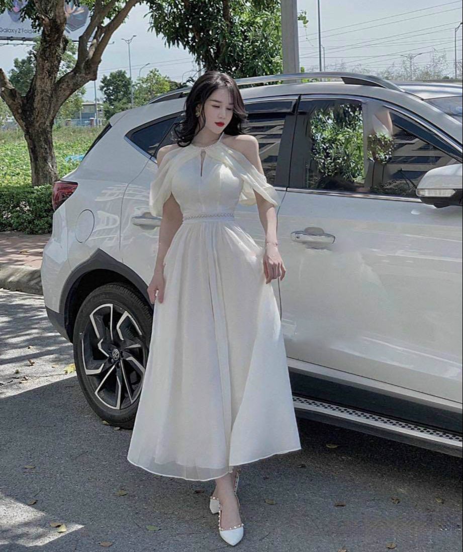 Đầm nữ voan chingfong phối dây cườm cổ có dây cườm eo thời trang HARI