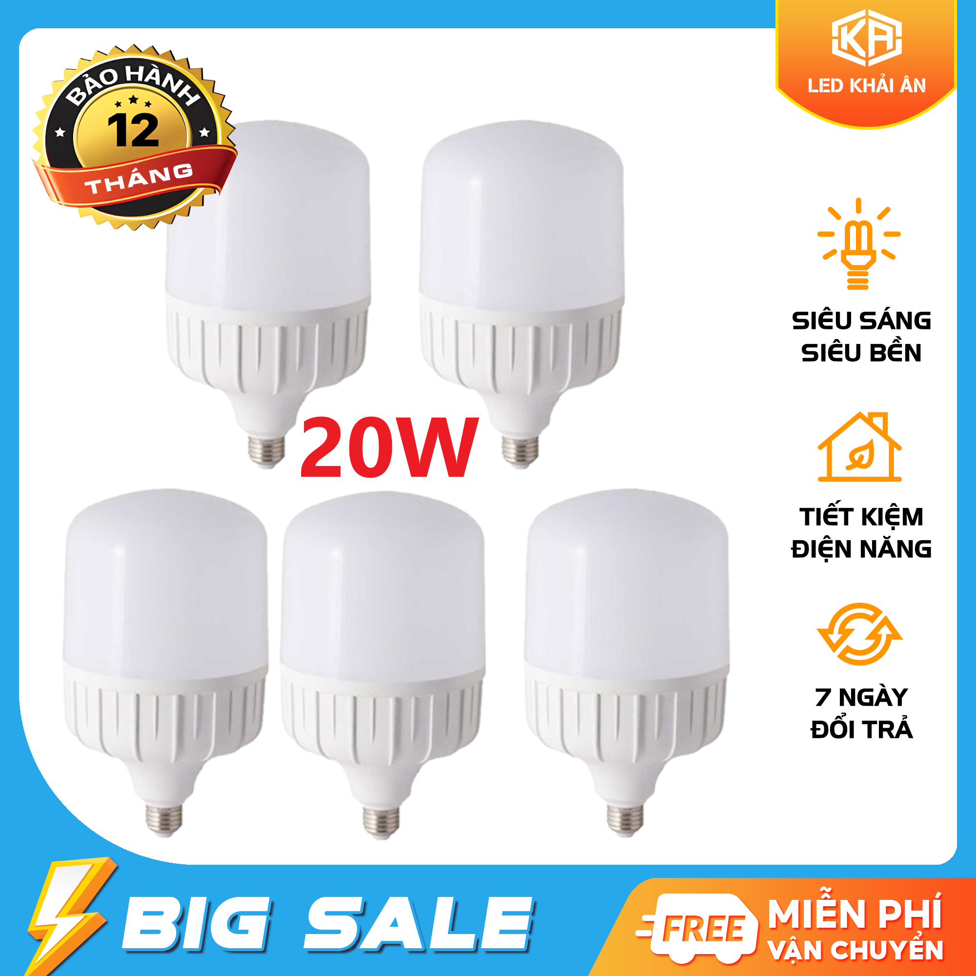 Bộ 5 bóng đèn Led 20W cao cấp. Màu sáng: Warm trắng (3000-3200K) Pure White (6000K-6500K). Bảo hành: 12 Tháng.