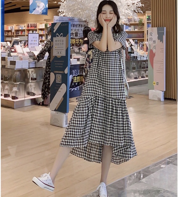Đầm caro đuôi cá lệch tà