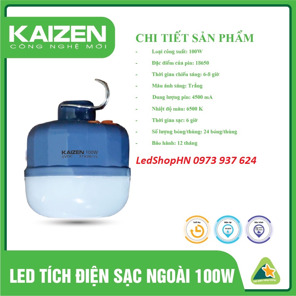 Bóng đèn tích điện Kaizen 100W dùng 6-8h có móc treo tiện lợi kèm sạc rời, đèn sạc tích điện