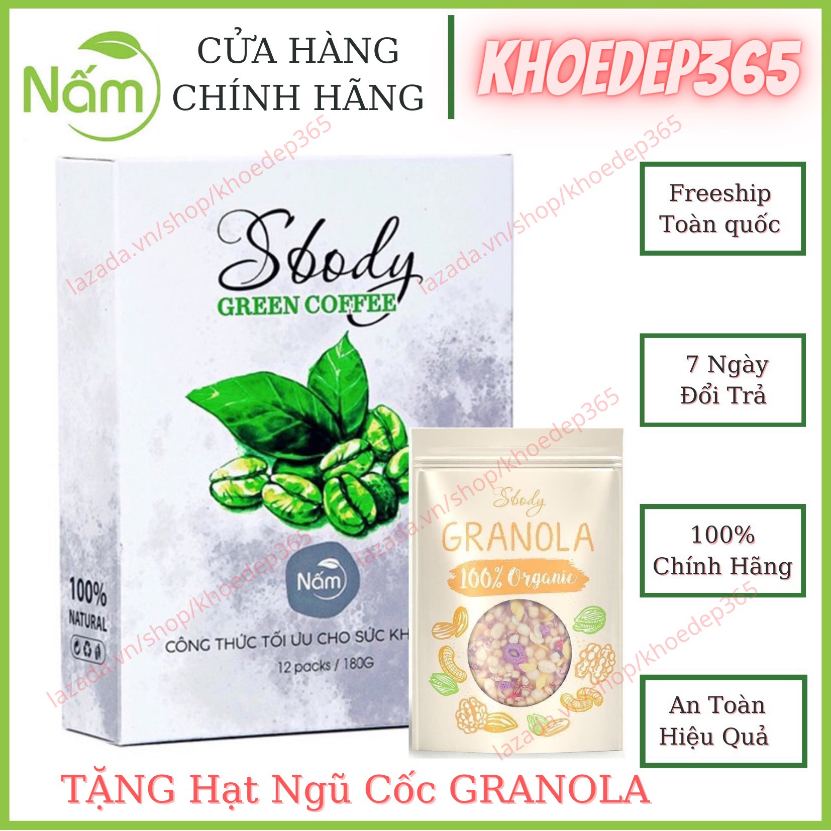 Nấm giảm cân SBody Green Coffee cà phê xanh - dạng gói pha uống - Tặng Gói Hạt Ngũ Cốc Granola