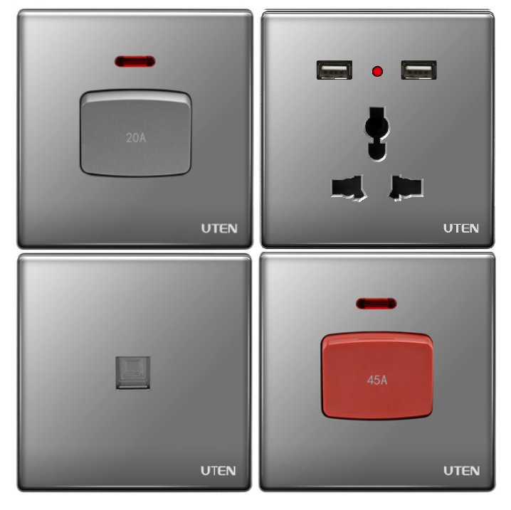 Công tắc 20A, công tắc 45A, ổ cắm usb, công tắc nhấn chuông Uten Z9 mặt kính vuông màu ghi xám, màu gold